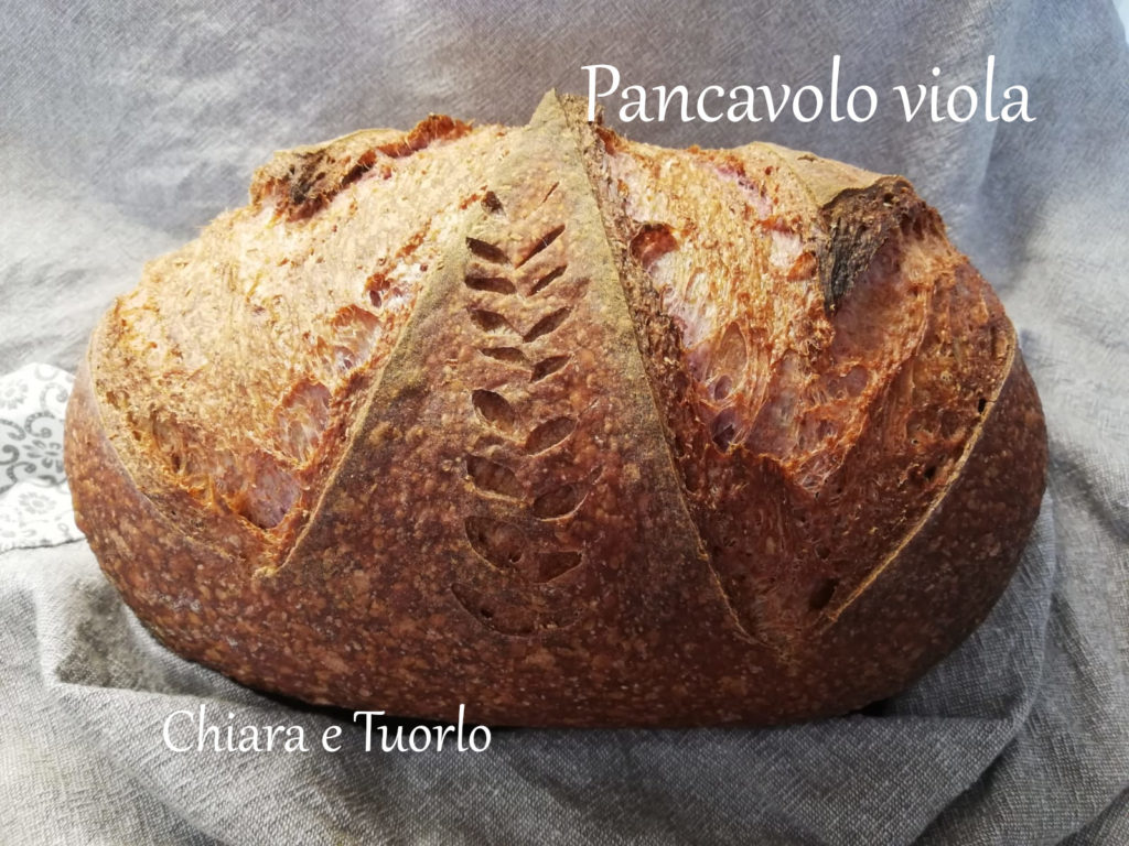 Pancavolo viola appena sfornato inquadrato lateralmente, adagiato su un canovaccio color corda