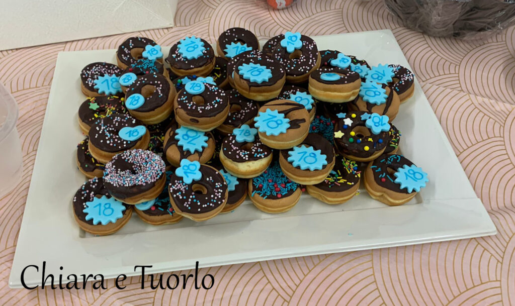 Un vassoio di mini donuts decorati con cioccolato e zuccherini azzurri e numero "18"