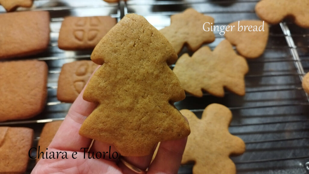 Ginger bread a forma di albero di Natale perfettamente cotto, sullo sfondo altri biscotti che stanno raffreddando